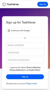 Taskverse registration form