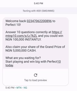 Successful subscription of MTN perfect 10 Trivia 